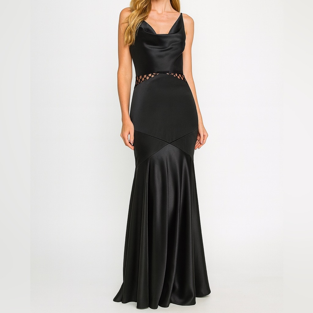 ✨Seni & Cade Black Satin Mermaid Evening Gown XS Lace Waist Maxi Formal Dress